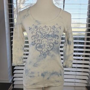 VANILLA SUGAR Blue Cream Tie-Dye Long Sleeve Top | Petite Large Rhinestone